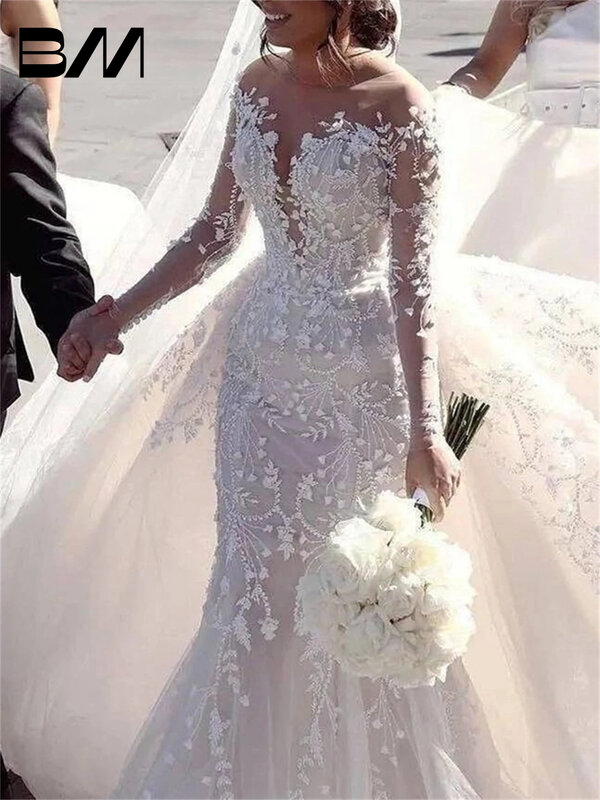 Gaun pengantin lengan panjang Arab dengan renda kereta lepas pasang gaun pengantin romantis Vestidos De Novia Robe De mariee