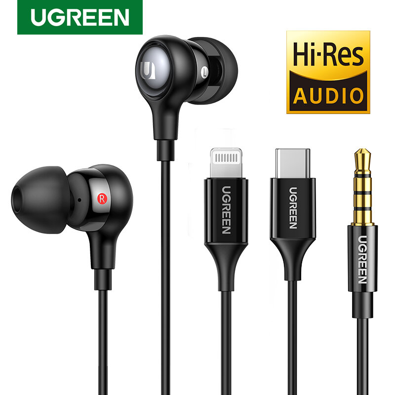 UGREEN-auriculares intrauditivos con cable y micrófono, dispositivo de audio con cancelación de ruido, USB tipo C, Lightning, para iPhone y Xiaomi, 3,5mm