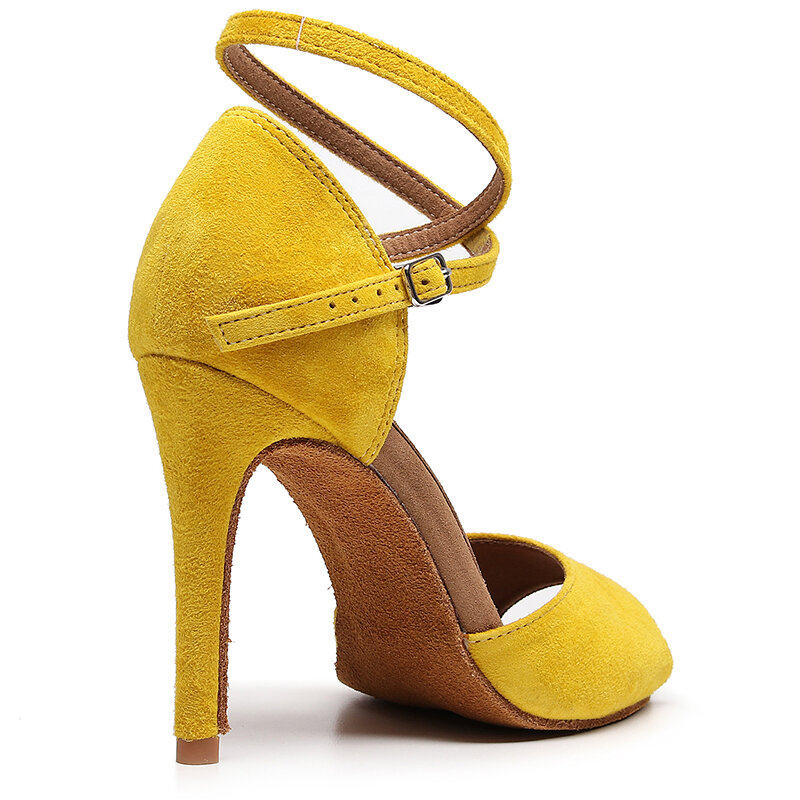 Sepatu dansa kulit Modern wanita, sepatu dansa Latin Ballroom kuning sol Suede Jazz salsa Kuba Hak ramping wanita jari kaki terbuka Stiletto kulit