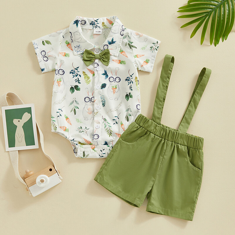 Baby Boy Summer Clothes Gentleman Outfit Short Sleeve Rabbit Print Romper Suspender Shorts Infant Easter 2PCS Set