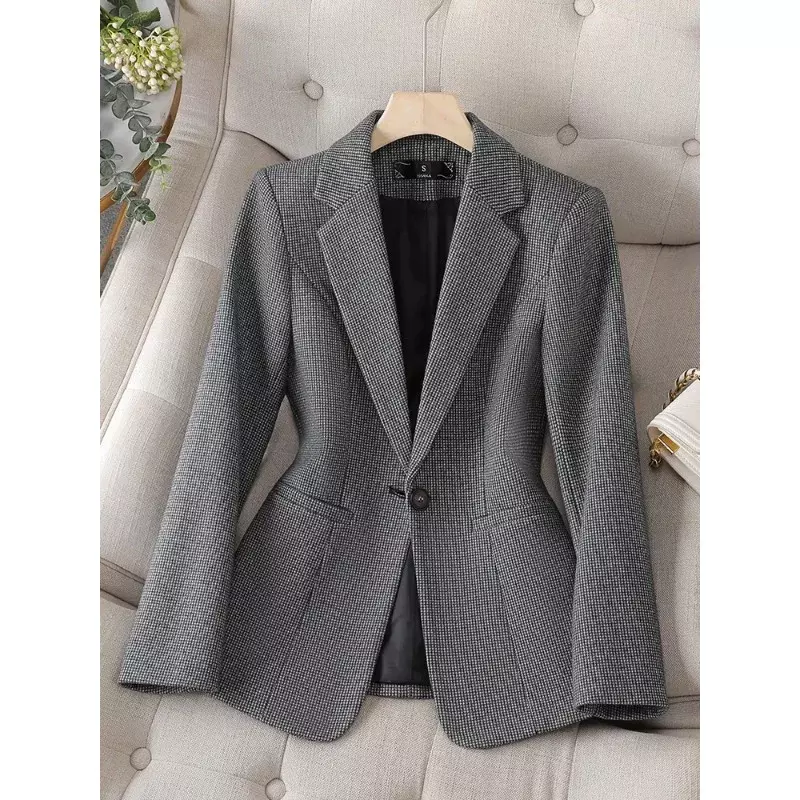 Blazer xadrez feminino com botão único, jaqueta formal, manga comprida, cinza, damasco, roupa de negócios feminina, casaco feminino