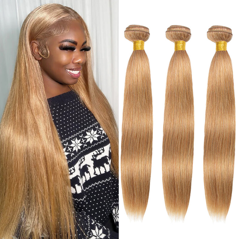HairUGo #27 Honey Blonde Human Hair Extensions Remy Hair Weave Pre-Colored Brazilian #27 Straight Bundles Hair Weaving