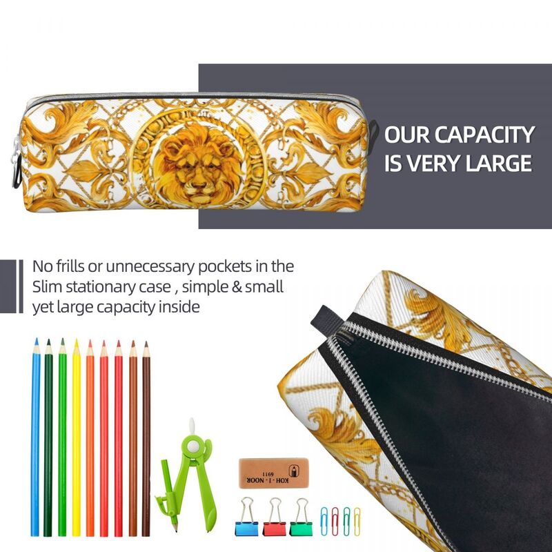 Golden Lion And Damask Ornament Pencil Case Classic Pen Box Pencil Bags Student Large Storage Office Cosmetic Pencil Box