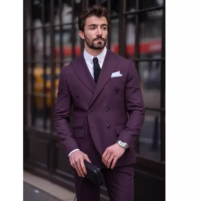Ternos de peito duplo roxo masculino, Flat Custom Made, roupas masculinas de negócios de luxo, jaqueta e calças chiques de 2 peças, alta qualidade