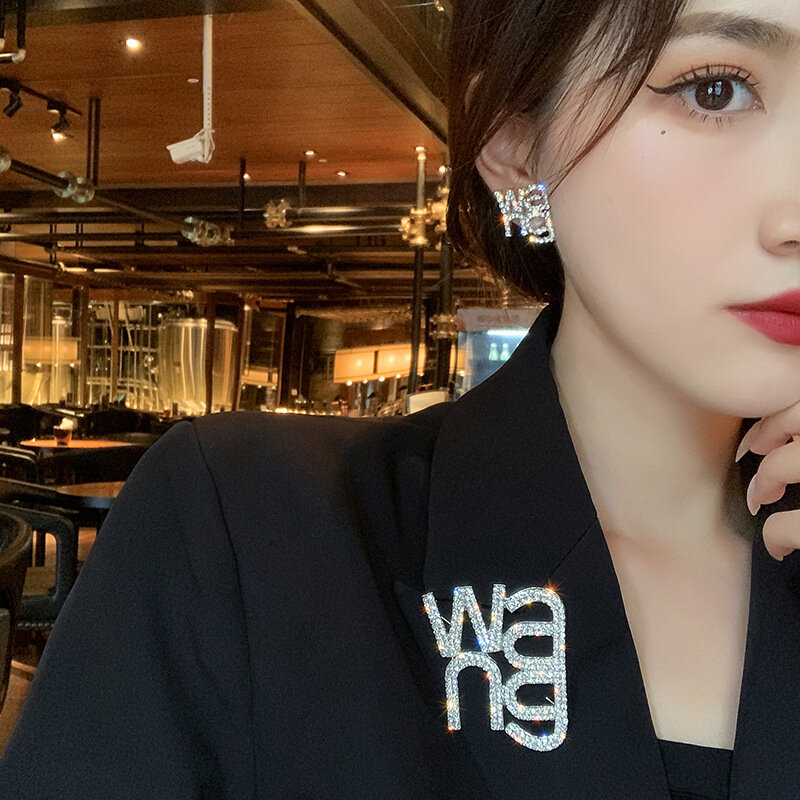 Korean Trend Simple Personality Fashion Jewelry Set Rhinestone Ladies Letter Wang Atmosphere Earrings