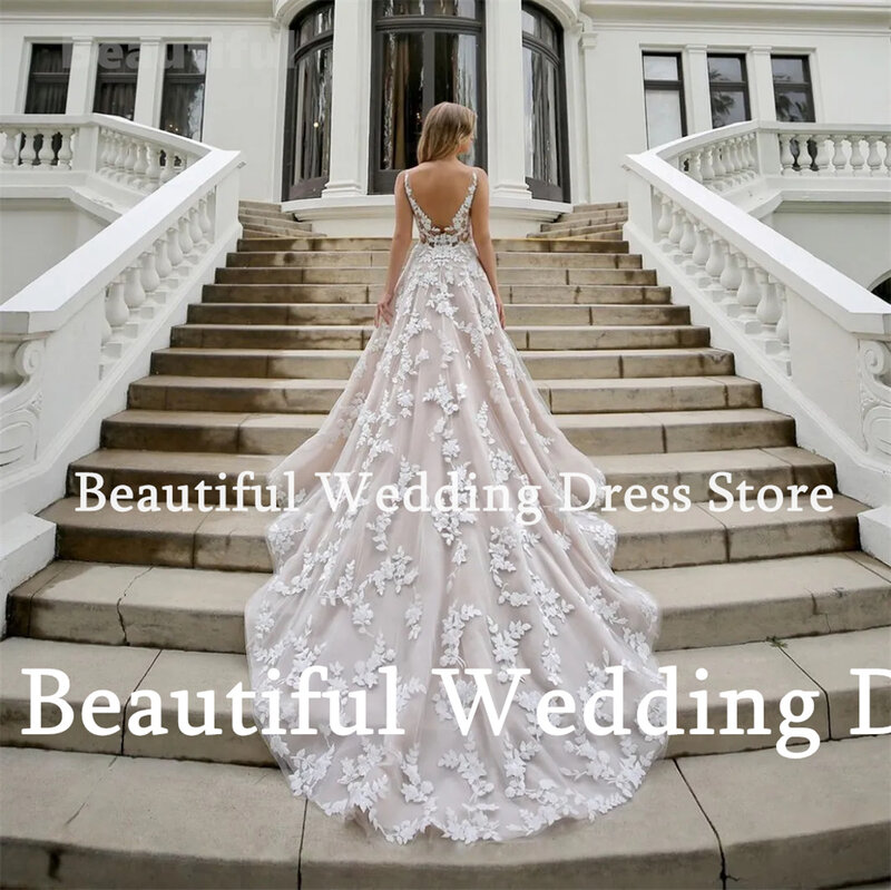 Gaun indah menawan dalam kerah v gaun pernikahan Floral applique lantai Panjang menyapu kereta 2024 gaun pengantin baru gaun Prom