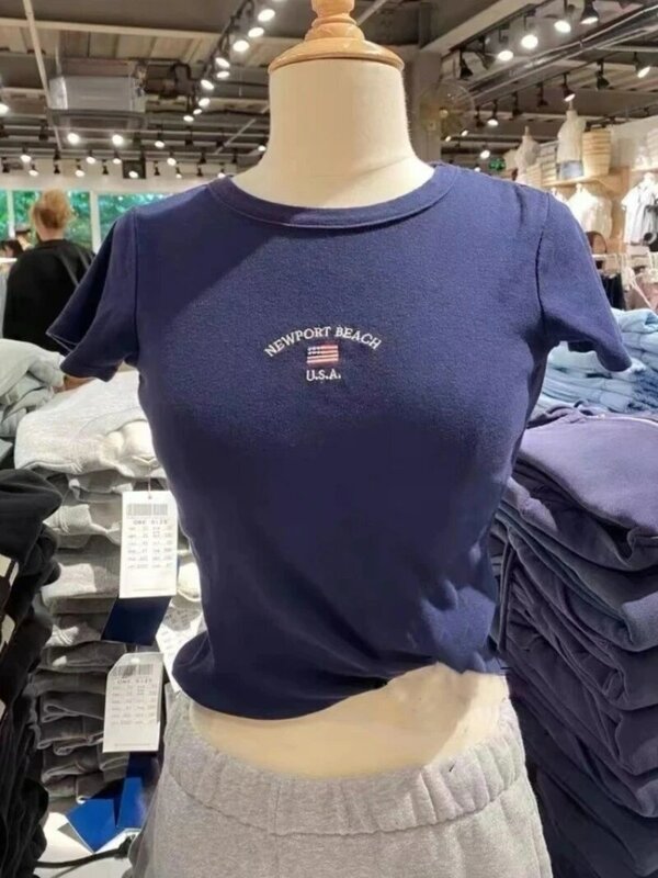 Kaus Crop Top bordir huruf seksi untuk wanita musim panas kaus ramping pendek manis wanita Kaus katun Streetwear antik 2024