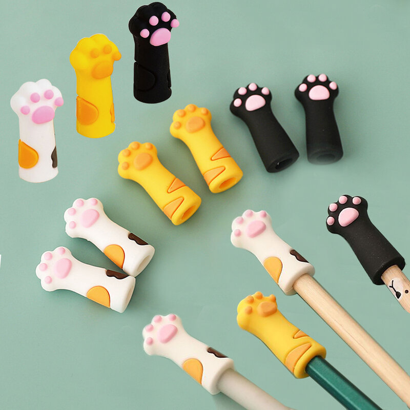 Tapa de lápiz de gato Kawaii para niños, cubierta de pluma de silicona de dibujos animados, extensor de lápiz lindo, papelería, suministros escolares, 3 piezas por juego