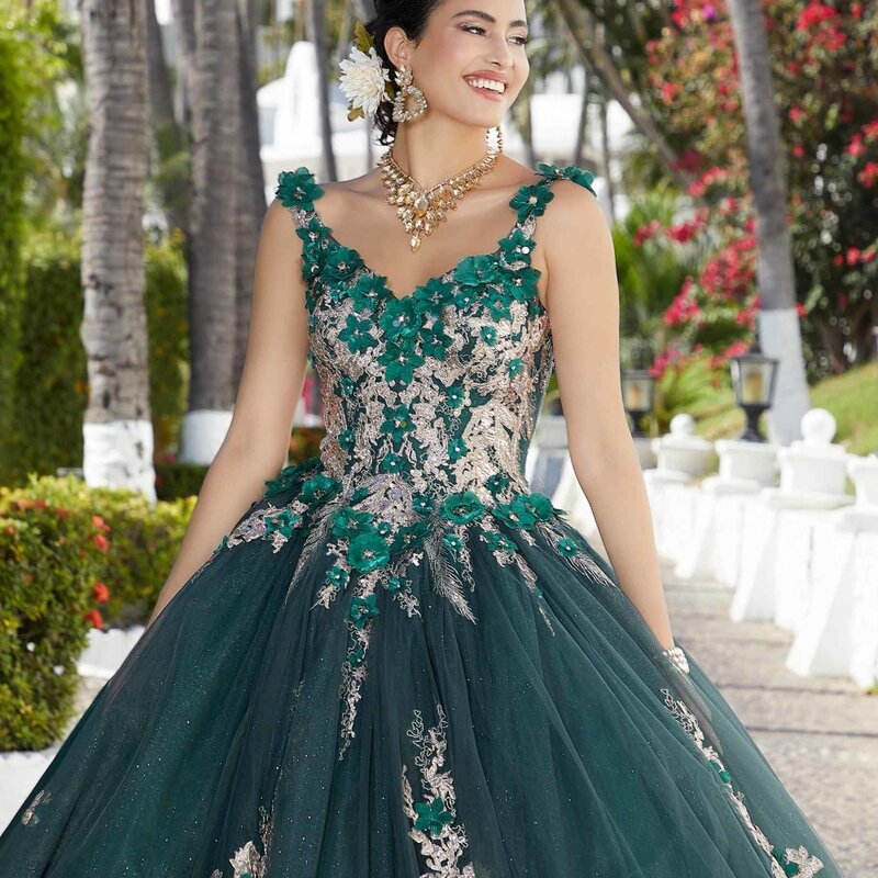 EVLAST Glitter Emerald Green Quinceanera Dress Ball Gown 3D Floral Applique Beaded With Cape Sweet 16 Vestidos De XV Anos TQD131