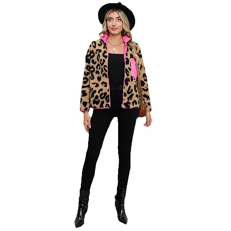 2023 Autumn New Warm Thickened Long Sleeved Coat Female Personality Leopard Print Pocket Jacket