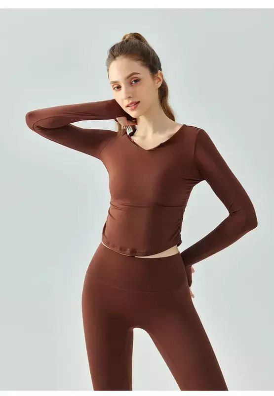 Свободная одежда для йоги с V-образным вырезом и длинным рукавом, Женская облегающая Спортивная футболка телесного цвета, дышащая быстросохнущая одежда для фитнеса, Топ