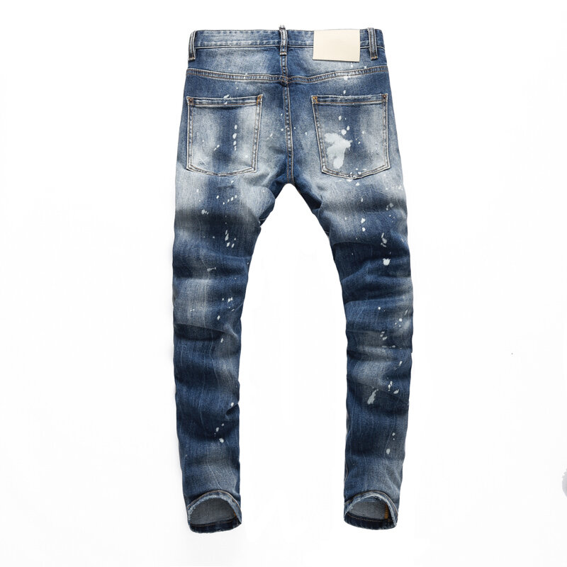 High Street Fashion Men Jeans Retro Blue Stretch Elastic Slim Fit Ripped Jeans Men Painted Designer Hip Hop Brand Pants Hombre
