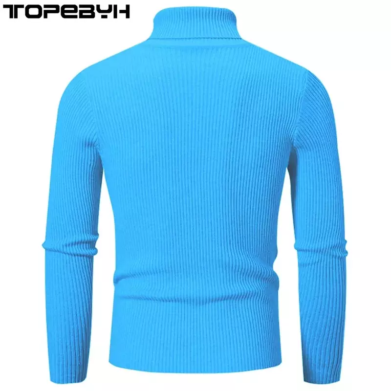 Camisa de punto de cuello alto para hombre, suéter ajustado de manga larga, Tops de Color sólido, Otoño e Invierno
