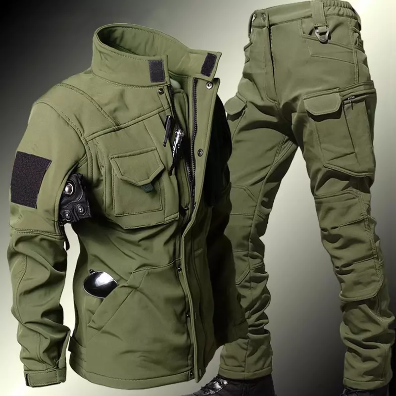 Windproof Waterproof Biker Suit Men Tactical Jacket Pants Sets Winter Shark Skin Military Soft Shell Uniform Warm Fleece Coats