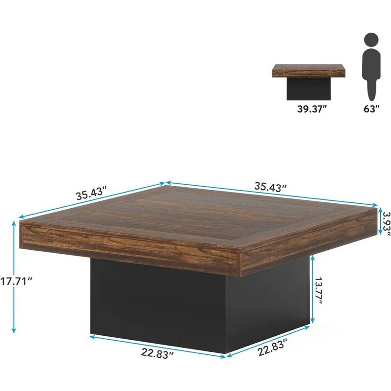 Square LED Coffee Table, Engineered Wood Low Coffee Table, Center Table for Living Room, Rustic Brown & Black, Free Shipping