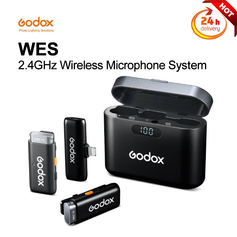 Godox WES mikrofon Lavalier nirkabel, mikrofon 2.4GHz untuk iOS/ponsel Android kamera DSLR langsung dengan mikrofon pengurang kebisingan
