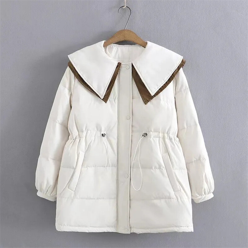 여성용 슬림 레이스 다운 코트, 배색 인형 칼라 파카, 중간 길이, 우아한 코튼 패딩 재킷, 한국 2023, 가을 겨울 신상