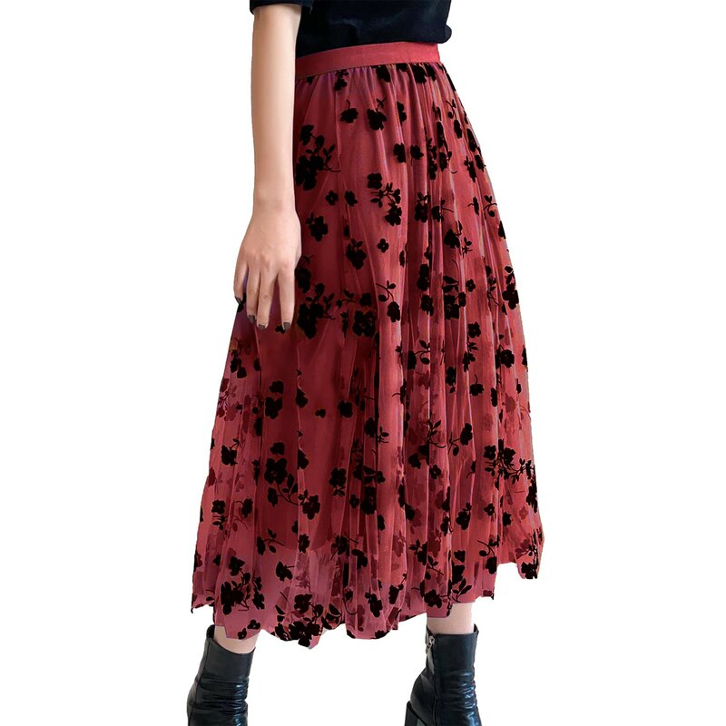 Mesh Floral Skirt Women 2023 Spring And Autumn Long Gauze Skirt High Waisted Grace Fashion Flower Printing Puff Pleated Skirts