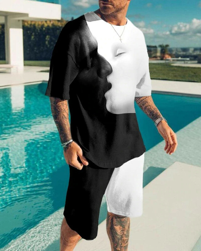 Camiseta nueva de verano para hombre ropa holgada de gran tamaño Retro de manga corta a la moda cara en blanco y negro patrón 3D Calle 0 cuello Top