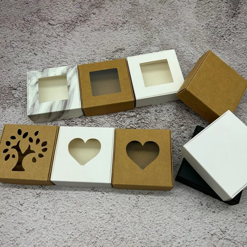 Kraft Paper Cardboard Jewelry Packaging Caixas, DIY Handmade Gifts Box, Clear PVC Window, Displays, Presentes, Caixa de embalagem, 30Pcs