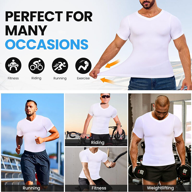 メンズ半袖Vネックコンプレッションシャツ,痩身アンダーシャツ,腹部トレーニングウェア,腹部コントロール
