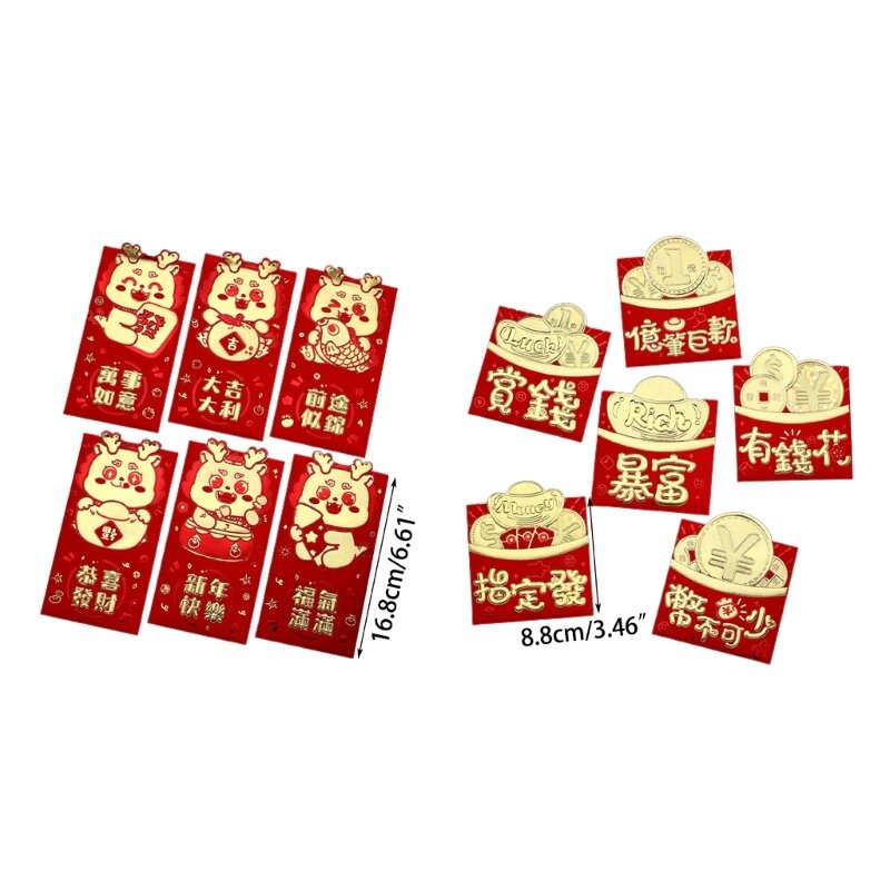 Pacote envelopes vermelhos festivos com 6, padrão criativo desenho animado para apresentação presente, pacote vermelho