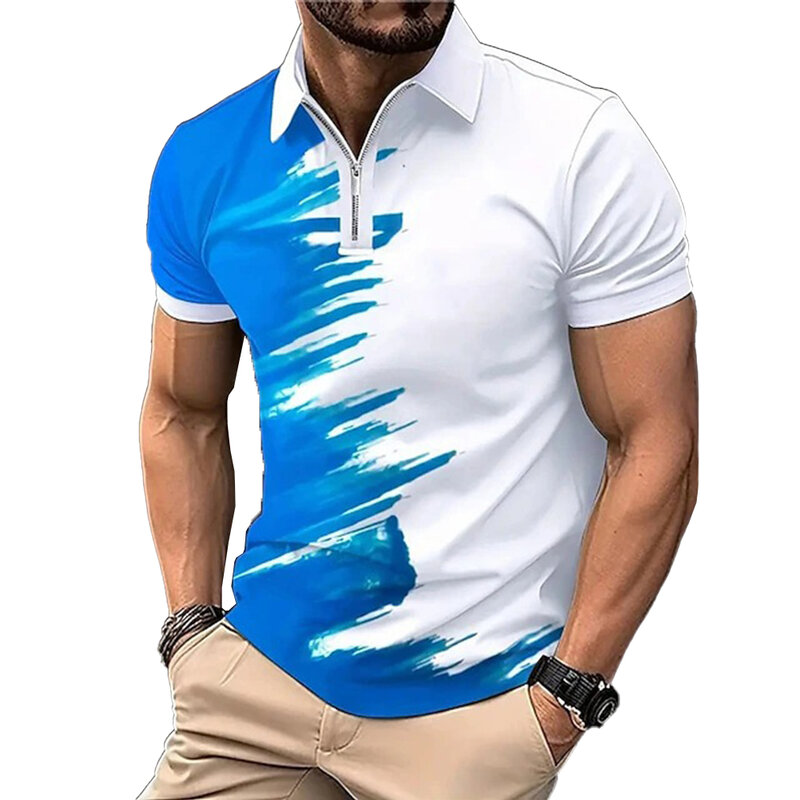 Kaus pria lengan pendek motif 3D, kaus bisnis bercetak antilembap kerah harian tahan lama ramah kulit musim panas modis