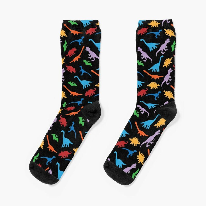 Chaussettes colorées pour hommes et femmes, motif de fond transparent, silhouette, heureux, 7 espèces de dinosaures
