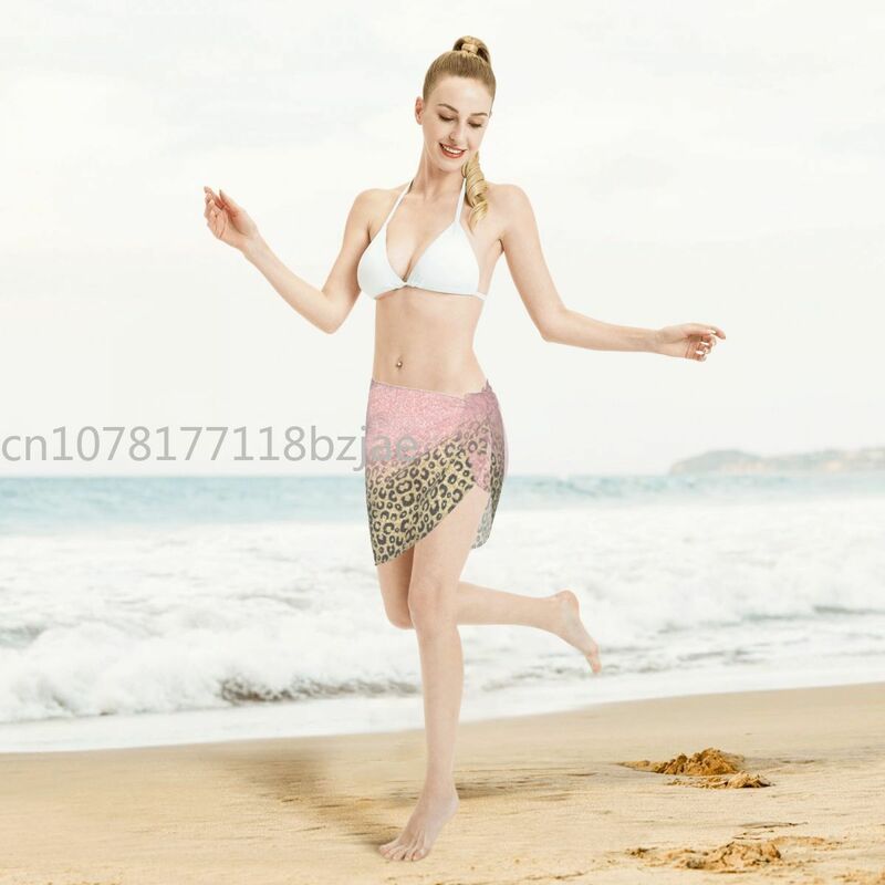 Rose Gold Glitter Black Leopard Kaftan Sarong Swimsuit Women Sheer Skirt Lace-up Bikinis Cover-Ups Skirts