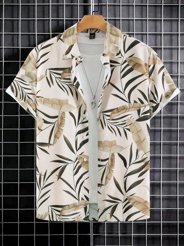 Men's Summer Botanical Botanical Floral Print Pattern Button Short Sleeve Shirt Fashionable Seside Beach Lapel Top (باللغة الإنجليزية)