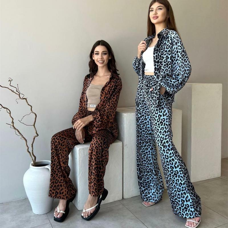Camisa de manga comprida estampada leopardo feminina e conjunto de calças de cintura alta, moda elegante, perna reta, boutique, 2022