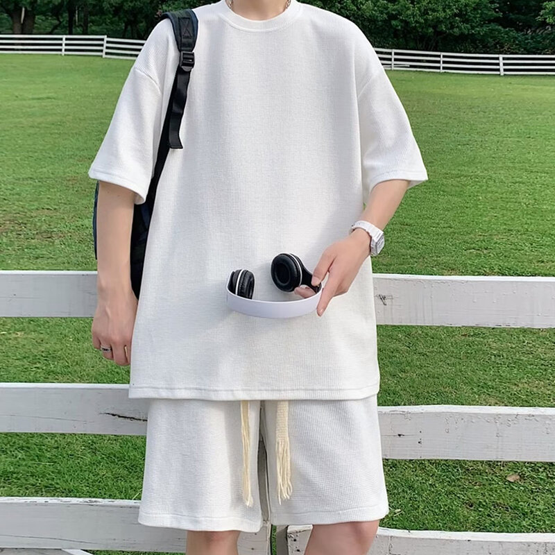 Мужской однотонный спортивный костюм, корейский костюм свободного покроя, Футболка с рукавами и шорты, брендовая спортивная одежда, большой размер 5XL, лето 2024