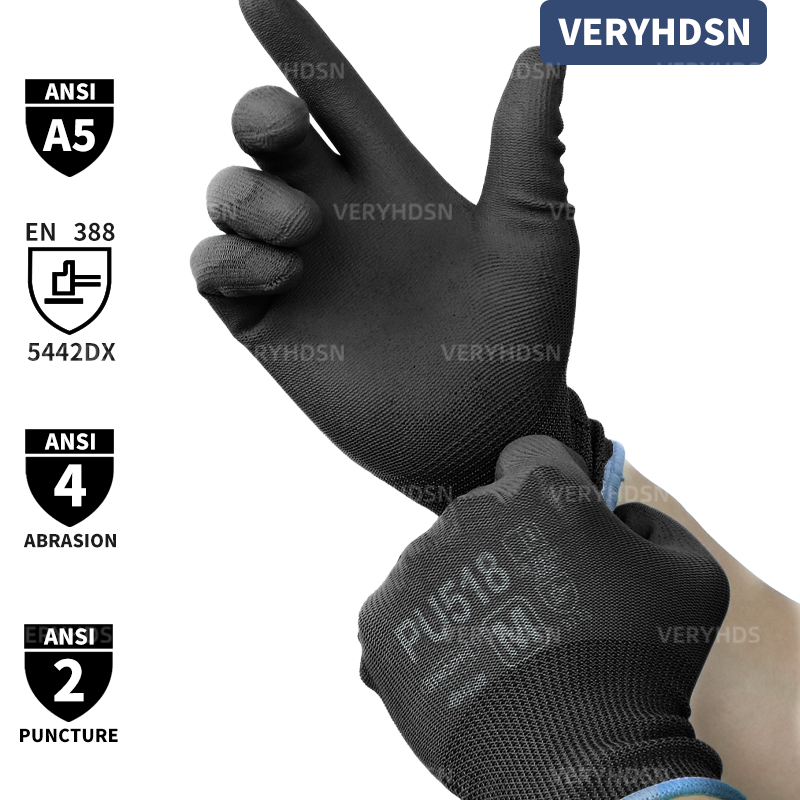 3คู่ถุงมือเซฟตี้สีดำน้ำหนักเบาทนทานและระบายอากาศได้ข้อมือถักข้อมือทนต่อการตัด PU 3คู่