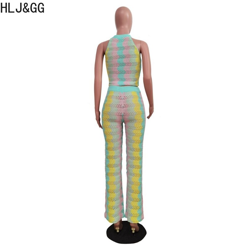 HLJ & GG-Conjunto de calças e top sem mangas feminino, roupa oca de tricô, gola redonda, roupas combinando, nova moda, primavera, 2 peças