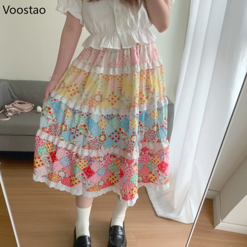 Falda de cintura alta con estampado Floral japonés para Mujer, volantes de encaje Vintage con ropa de calle, Faldas sueltas coreanas, Harajuku Y2k