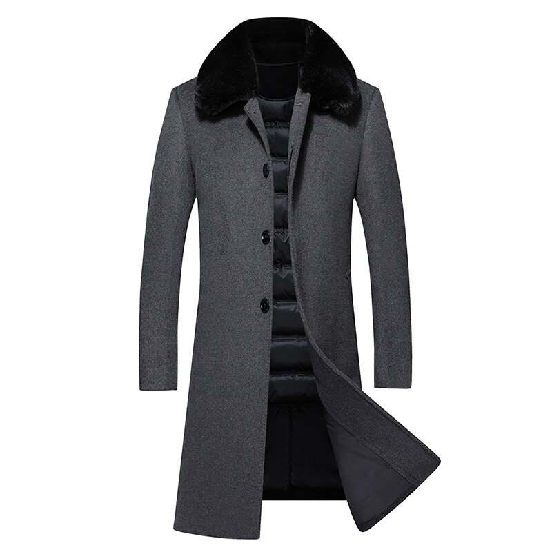 Abrigo de lana con cuello de piel para hombre, chaqueta de caballero guapo, informal, de negocios, gruesa, delgada, de longitud media, a la moda, de invierno