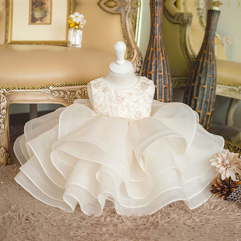 2024 weißes Kleid Host elegante U-Ausschnitt Blumen mädchen Kleider für Mädchen Prinzessin Luxus Geburtstags feier Kleid mit Satin Schleife