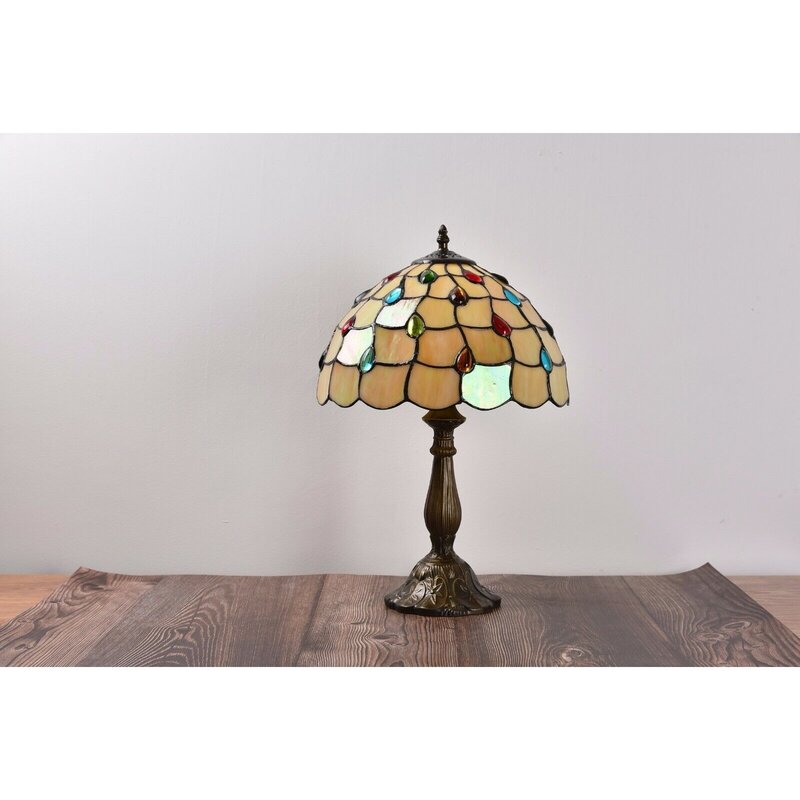 Lampe de table Tiffany US, verre coloré beige, lampe de table en frêne, lumière d'accent H18-