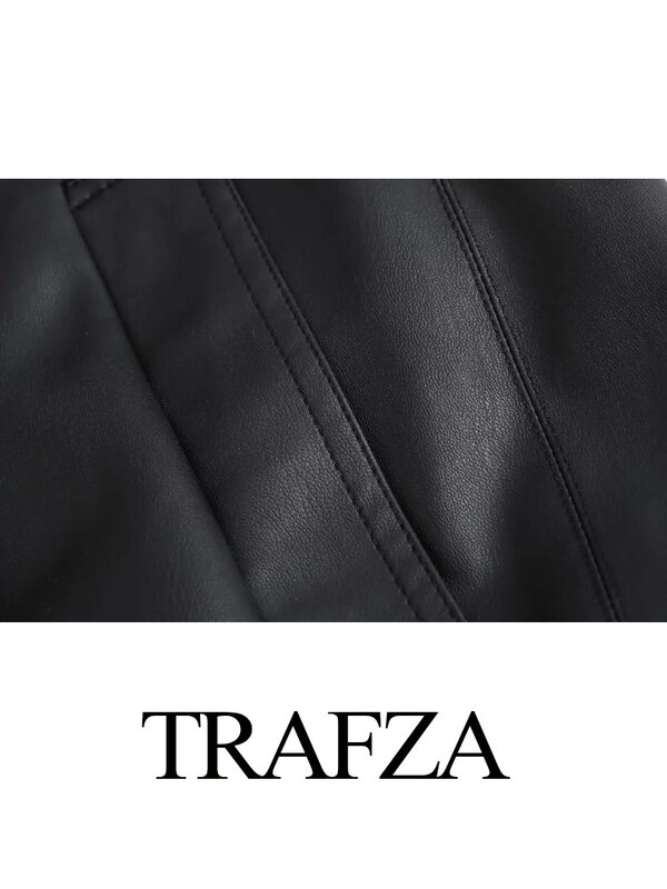 TRAFZA New Winter Fall Women Long sleeves lapel Coat Black fashionable chic imitation Official artificial leather coat jacket
