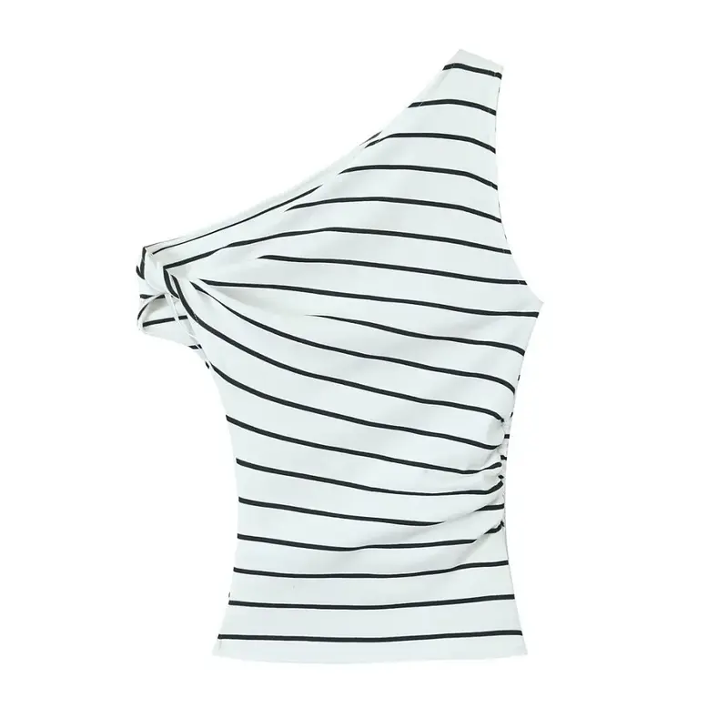 Top asimétrico con hombros descubiertos y decoración doblada para mujer, camiseta sin mangas Retro, Top único, 2024