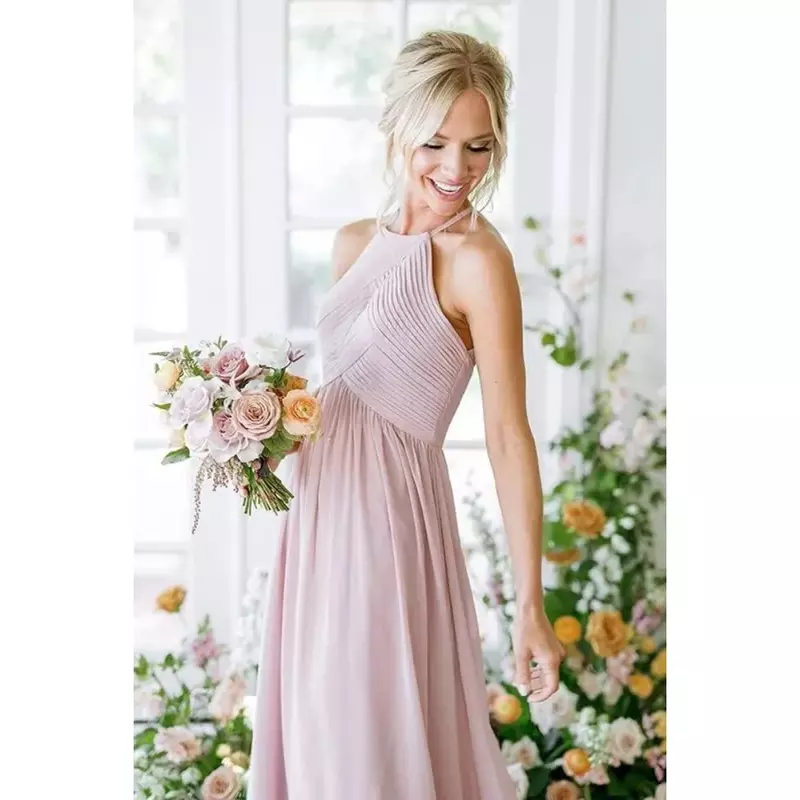 Wakuta Long Halter Pleated Chiffon Bridesmaid Dresses with Pockets A Line Wedding Party Dresses Evening Gowns robes de soirée