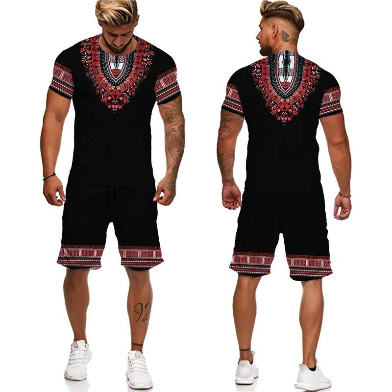 Conjunto de chándal de estilo étnico para hombre, camiseta informal de verano para playa, pantalones cortos, trajes de 2 piezas, ropa Vintage con estampado 3D de gran tamaño