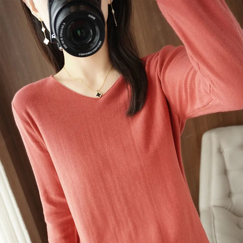 Повседневный женский свитер, сезон осень-зима 2023, теплый базовый топ с V-образным вырезом, Весенняя Удлиненная рубашка, модные вязаные пуловеры с длинным рукавом в Корейском стиле