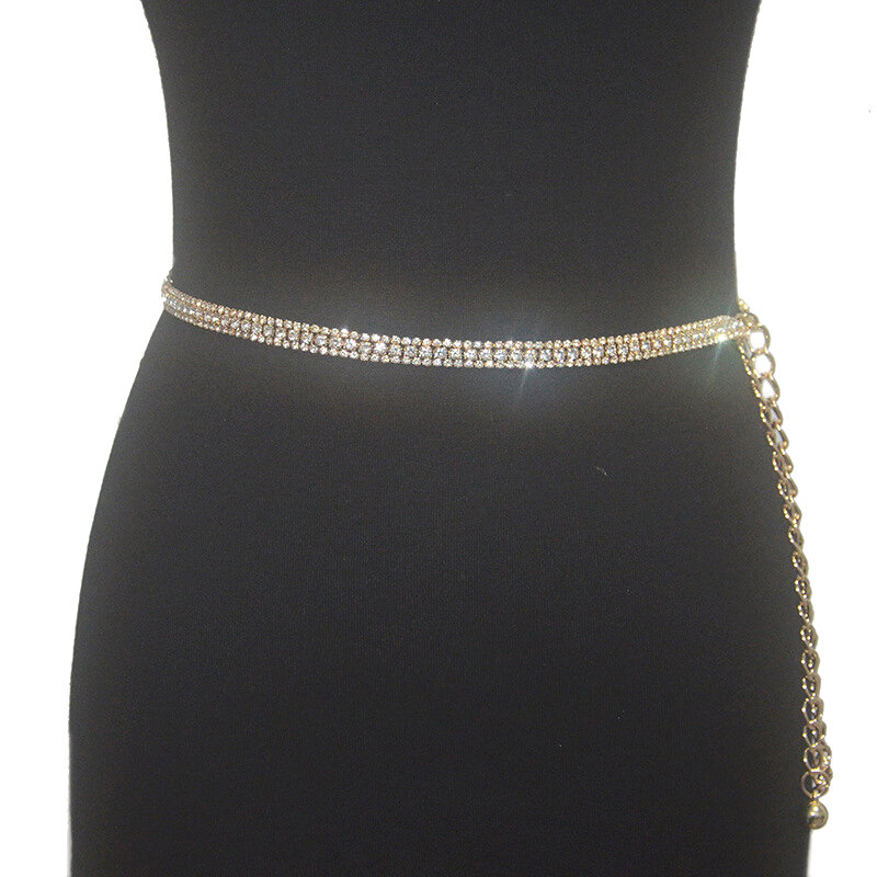 Três-Row Rhinestone Metal Cadeia cintura, personalizado simples e ajustável cintura ornamentos, Elegante