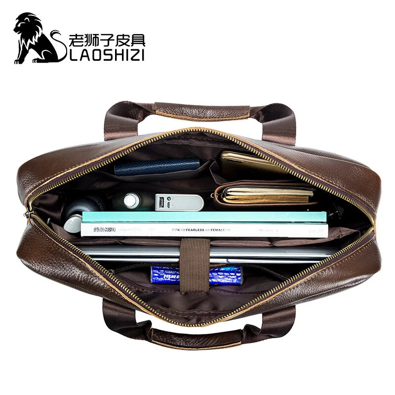 Brand 14 Inches Laptop s Large Capacity Shoulder Fashion Genuine Leather Business Men Briefcase Messenger Bag Handbag