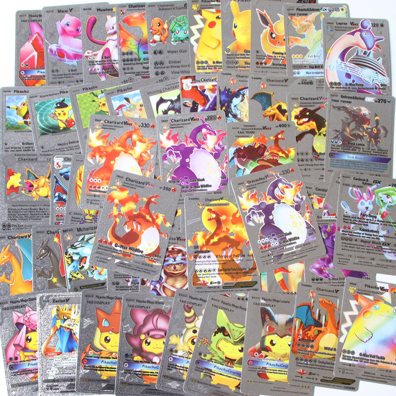 Cartas de Pokémon de Metal, caja dorada, Vmax, GX, tarjeta en inglés y español, Charizard, Pikachu, Colección rara, Tarjeta Dorada de batalla, juguetes para niños