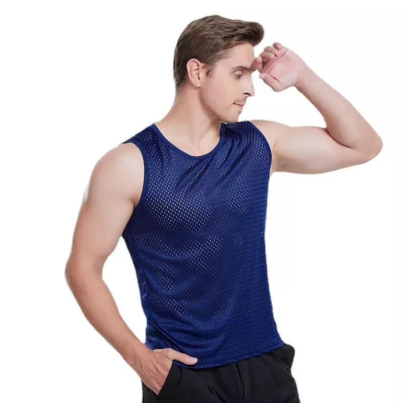 남성용 아이스 실크 탱크 탑 속옷 조끼, 메쉬 구멍 셔츠, 남성 운동 민소매 통기성 싱글렛 티셔츠, 4XL