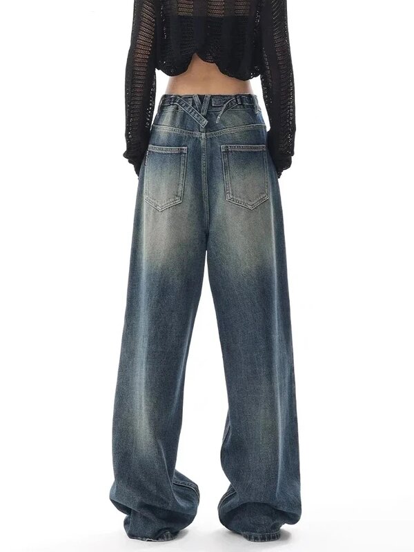 Jeans Vintage Solto de Cintura Alta, Feminino, Clássico, Fino, Angustiado, Simples, Casual, Feminino, Outono, Moda Americana, S-XL, Novo