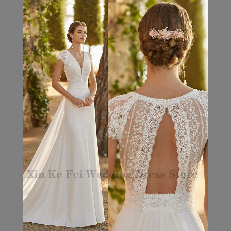 Ivory Ladies Elegant Lace Satin Modern Wedding Dress Mermaid With Detachable Train V Neck Cap Sleeve Bridal Dress Plus Size Robe
