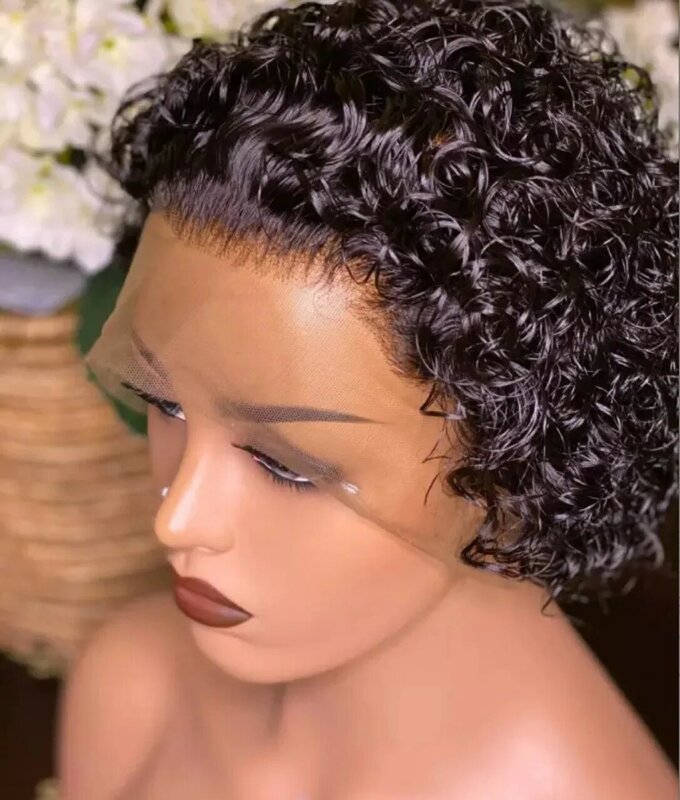 Parrucche Pixie Cut parrucche umane HaiShort ricci anteriori del merletto dei capelli umani per le donne parrucca brasiliana dell'onda dell'acqua 13x1 parrucche trasparenti del merletto